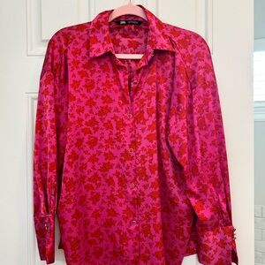 Zara Pink and Red Floral Satin Button-Down Shirt